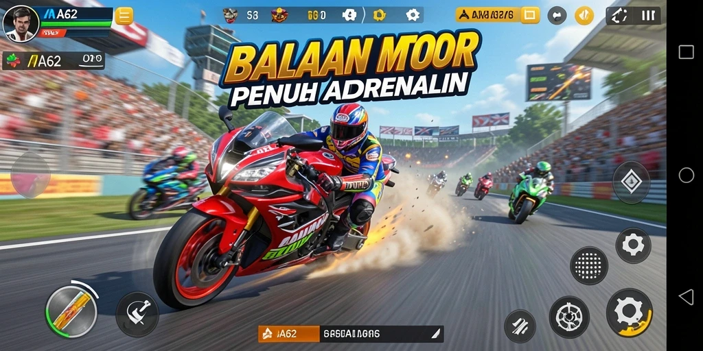 Tangkapan layar menampilkan aksi balapan motor yang intens dan mendebarkan.