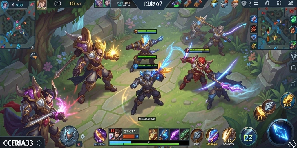 Tampilan gameplay ceria dan menegangkan di arena MOBA CERIA33.
