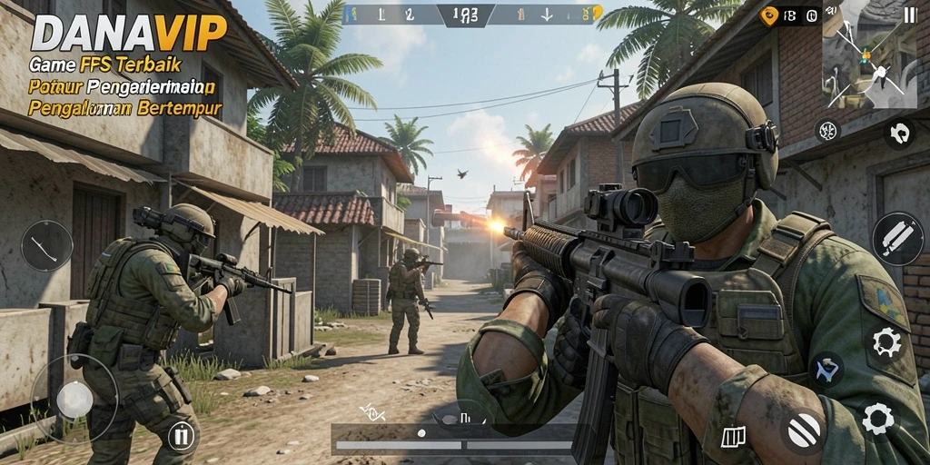 Tangkapan layar gameplay DANAVIP yang menunjukkan aksi tembak-menembak yang seru.