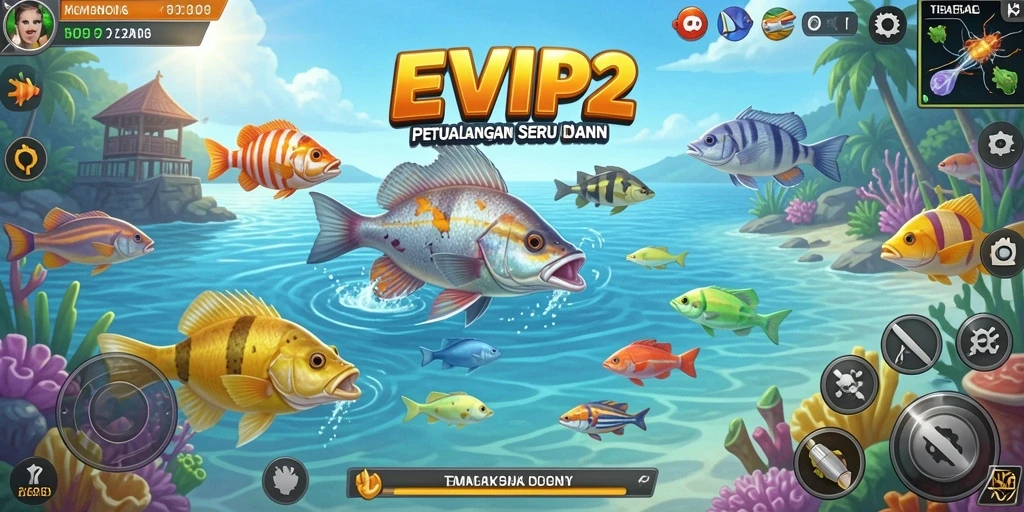 Tampilan gameplay seru dari <strong>EVIP2</strong> yang menampilkan aksi menembak ikan.