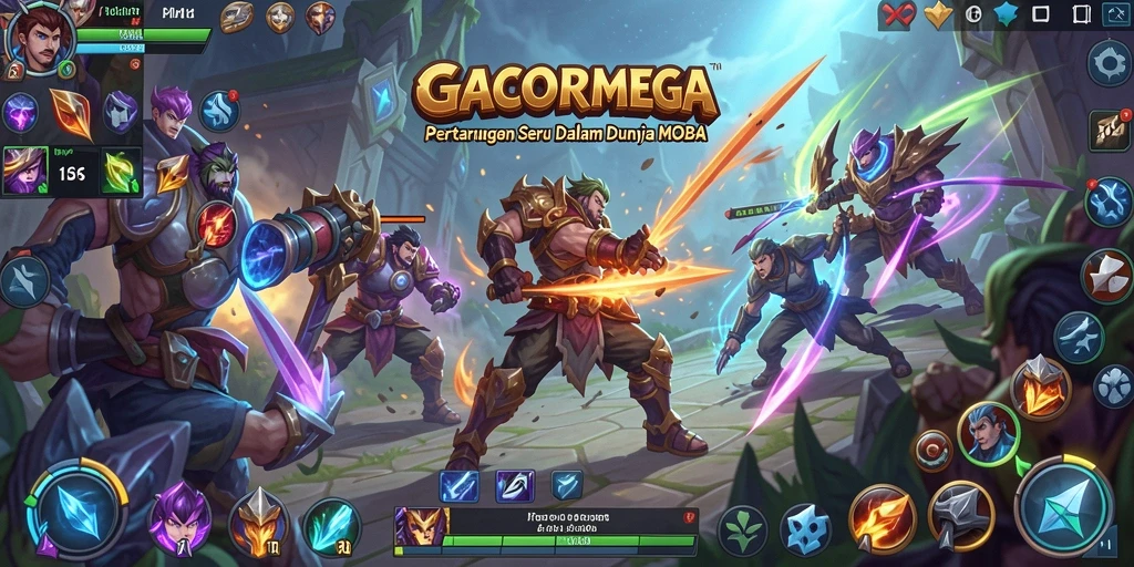 Gameplay GACORMEGA menampilkan pertarungan seru antar karakter MOBA.