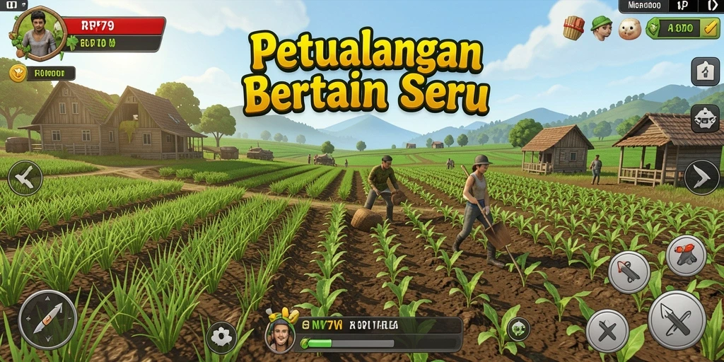 Gameplay RP79 yang menampilkan pertanian yang indah dan interaktif.