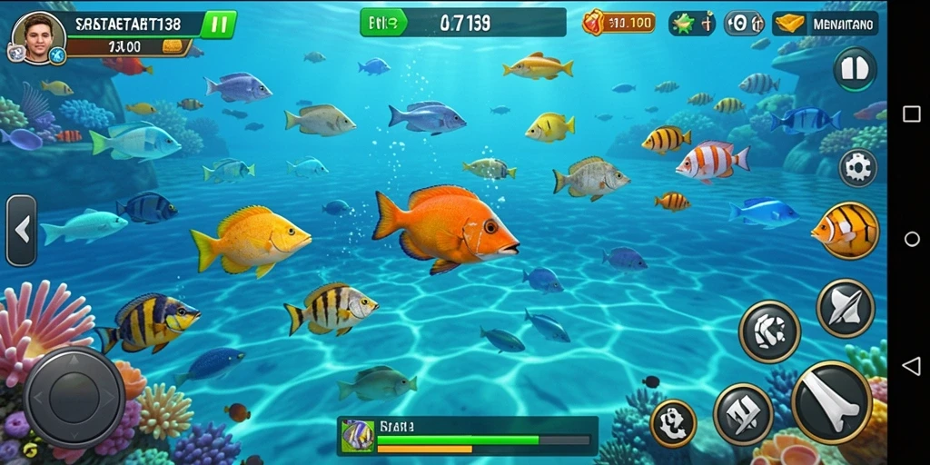 Tampilan gameplay seru dalam SATSET138 saat menembak ikan di lautan.